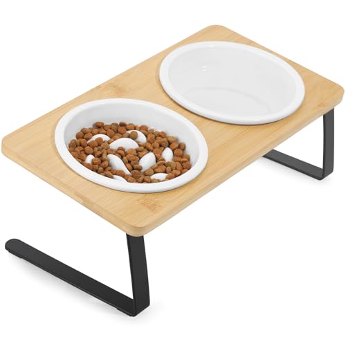 PETTOM Anti Schling Napf Katze Keramik Set, Katzennapf Erhöht mit 15° Neigung, Futternapf Katze Anti Schling mit Erhöhung aus Bambus Rutschfest,...