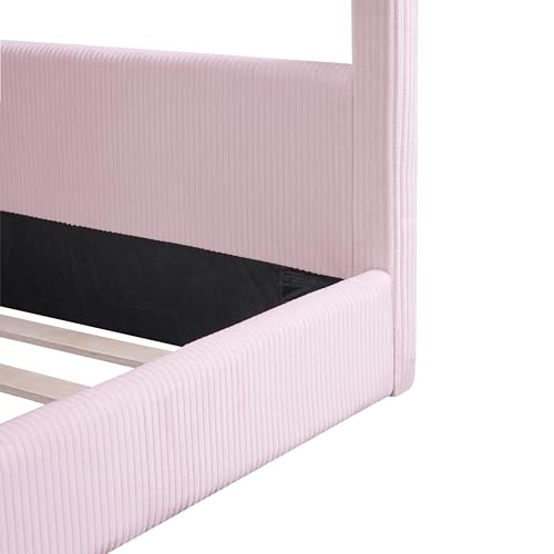 Image of Full Size Cute Corduroy Fabric Upholstered House Daybed with LED Light Strips and Vertical Striped Design, Low Solid Wood Platform Bed with Roof Frame for Kids Teens Girls Boys Bedroom (Pink-01)