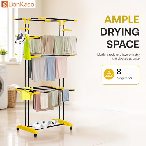 Image of BonKaso AirFold Max 4-Tier Double Pole Foldable Clothes Drying Stand, Portable Heavy Duty Alloy Steel Laundry Rack with 360 Wheels and 8 Hanger Slots, for Indoor and Outdoor Use, Black & Yellow