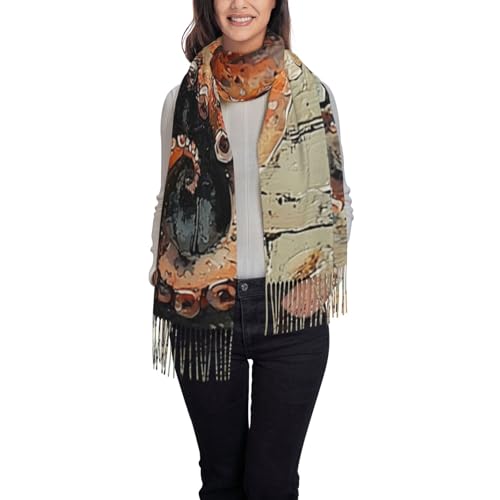 Women Pashmina Shawls Wraps Scarf for Evening Dress Large Warm Soft Winter Scarves, Coral Octopus Watercolor Retro Vintage2