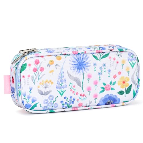 Image of mibasies Girls Pencil Case for Kids, Multi-Slot Pencil Pouch, Floral Sky Blue