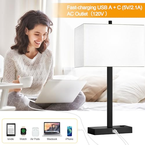 Image of Lynnoland 21 inch Set of 2 Table lamp with USB A+C & AC Outlets, Touch Control 3-Way Dimmable Nightstand Lamps for Bedroom Living Room Office Reading, White Shade Touch Lamps, 5000K LED Bulbs Included