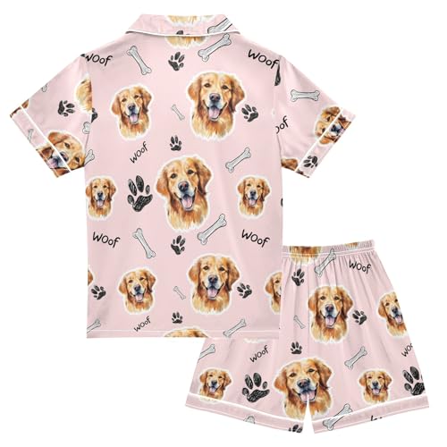 Cute Puppy Face Summer Satin Pajama Set, Cute Button-Down Sleepwear Pj Set for Sleep Wears2