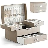 Dajasan Jewelry Organizer Box, Large Jewelry Boxes for Women Girls, Space-Saving 3 Layers Jewelry Storage Case with Drawer, Movable Metal Stand, Modern, Gift Idea (Champagne)
