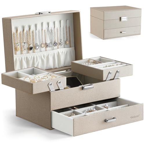 Dajasan Jewelry Organizer Box, Large Jewelry Boxes for Women Girls, Space-Saving 3 Layers Jewelry Storage Case with Drawer, Movable Metal Stand, Modern, Gift Idea (Champagne)