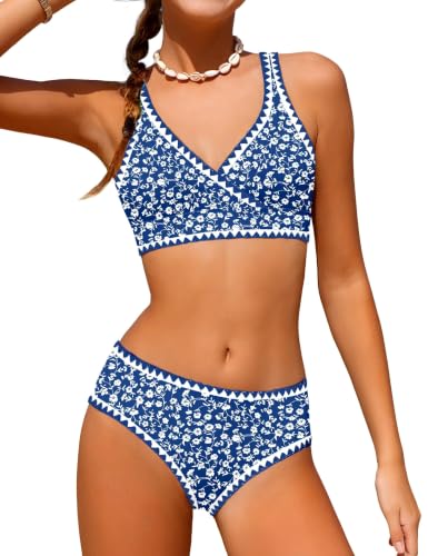 Image of KANGKANG Girls Swimsuit Bikini Set Solid Color V-Neck Two Piece Bathing Suit with Chest Pad Adjustable Straps Swimwear 7-16T