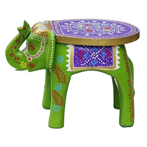 Image of Hand-Crafted and Colorful Emboss Painted Wooden Elephant Shape Stool Cum Gardan Table,Decorative Showpiece (8 Inches Height, Green)
