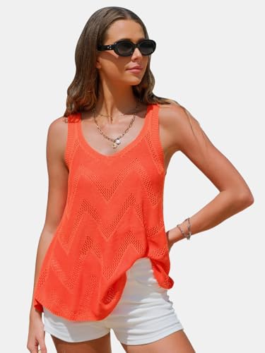 Image of EXLURA Womens Summer Sleeveless Scoop Neck Knit Sweater Vest Crochet Hollow Out Tank Tops Beach Vacation 2025