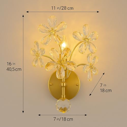 Image of blissbells Luxury Crystal Flower Gold Wall Light | Decorative LED Wall Lamp for Bedroom, Bedside, Living Room & Hotel Decor