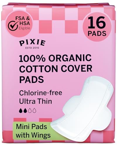 Pixie Organic Cotton Ultra Thin Mini Pads Teens - Liners with Wings - Light Absorbency Menstrual Pads - Hypoallergenic, Unscented & Biodegradable for Feminine Care - FSA Eligible - 16 Count