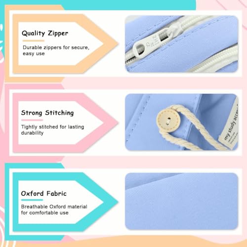 Image of Canvas School Bag Pencil Case, 3 Layer 6 Compartment Large Capacity, Aesthetic Pencil Pouch for Stationary, Cute Stationery for Kids, Pencil Case for Girls & Boys (Our Timer Blue)