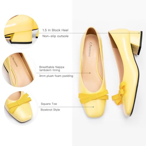 Image of C.Paravano Women's Pumps | Luxury Leather Pumps | 1.5 Inch Chunky Block Heel & Square Toe | Fabric Bow