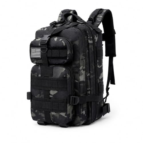 30L Military Tactical Backpack, Black Camouflage, w/USA Flag Patch
