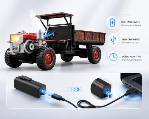 Image of RC Farm Tractor with Trailer Toy | 2.4GHz Remote Control, LED Lights, Smoke Spray, Realistic Sound, USB Rechargeable, Full Proportional Steering