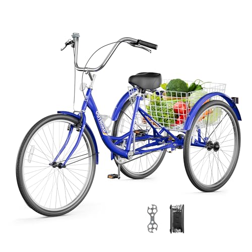 Outroad Adult Tricycle, 24/26 inch 1 Speed Cruiser Trike, 3 Wheel Bikes with Large Basket for Seniors, Women, Men, Adult Trikes for Shopping Picnic Outdoor Sports, 24 inch Blue
