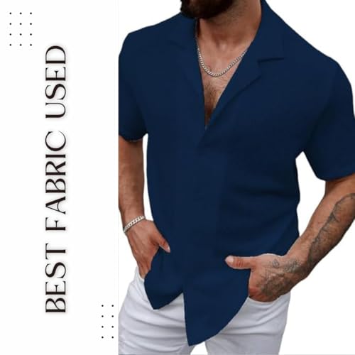 Image of COMBRAIDED Men's Regular Fit Cotton Blend Shirts | Half Sleeve Solid Pattern | Casual Wear for Everyday Style