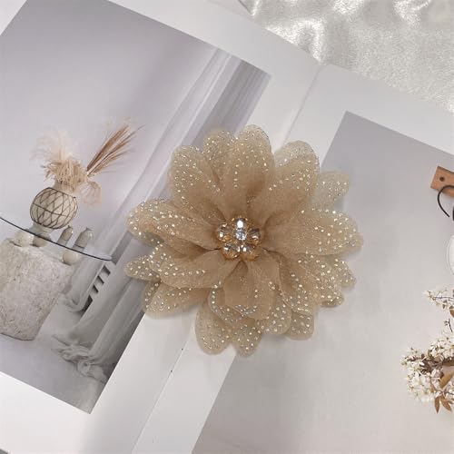 Image of Rhinestones Flower Fabric Big Brooches Lapel Pins for Women Elegant Organza Floral Brooch Pin for Dresses Suit Wedding Banquet Clothes Accessories Fashion Jewelry 130mm