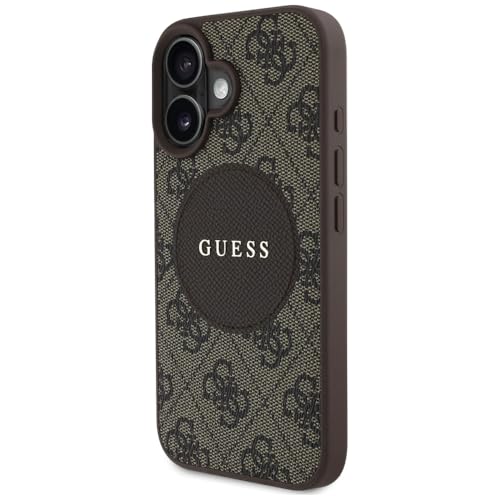 Image of CG MOBILE Guess [Official Licensed] Protective Case Designed for iPhone 16 |Magnetic Compatible |PU Case 4G Circle with Classic Logo - Brown