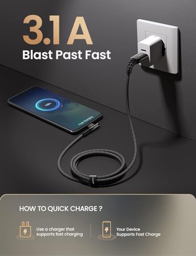 Image of AINOPE Right Angle USB Type C Cable [3-Pack 3.3ft /6.6ft /10ft] 3.1A Fast Charging USB to USB C Cable, Nylon Braided USB C Charging Cable Compatible with Galaxy S21+ Ultra, iPad mini /Air /Pro, Pixel 6X