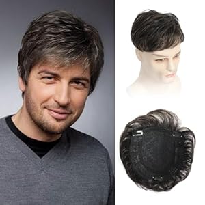 Ms Taj Toupee Hair for Men 6″*6.5″ Clip in Male Hairpieces Dark Brown with Strands White Hair Reaplcement Synthetic Short Hair Topper for Men