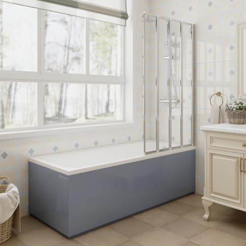 Aquariss 1700x700mm Bathroom Square Shower Bath Acrylic Straight Single Ended Soaking Bathtub Adjustable Feet + Gloss Grey Front Bath Panel + 850x1400mm Chrome 4 Folding Panel Bath Screen