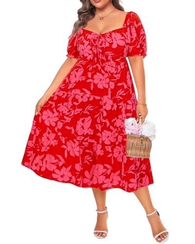 Image of Plus Size Summer Dresses - Sweetheart Neck Drawstring Puff Sleeve Casual Tiered Aline Flowy Midi Dress
