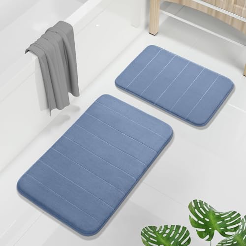 Yimobra Memory Foam Bath Mat, Soft and Comfortable, Super Water Absorption, Non-Slip, Thick, Machine Wash, Easier to Dry for Bathroom Floor Rug, 43 x 61 + 51 x 81 cm, Denim Blue