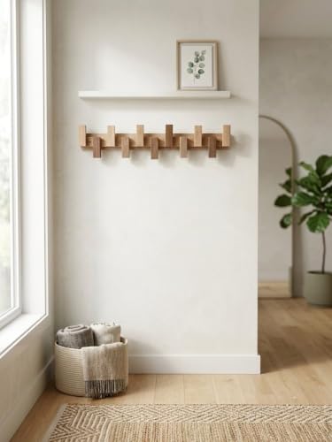 Image of Wooden Wall Mounted Coat Rack with Multiple Hooks, Decorative Wall Hanger for Clothes, Jackets, Bags, Scarves, Towels & Home Organization (up Down 6 Hook)