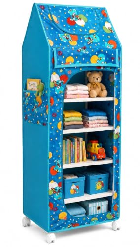 Image of HYSEYY Baby Wardrobe Plastic Kids Storage Rack with Fabric Cover & Wheels | 6-Tier Plastic Shelves Organizer | Toy, Book & Clothes Storage Cabinet for Kids Room (Turquise)