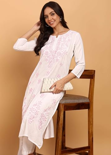 Image of Women Pink Ethnic motifs Embroidered Lucknowi Chikankari Long Kurti
