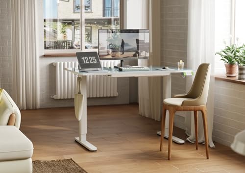 Image of INNOVAR Glass Standing Desk with Drawers 48x24 Inch Morandi Blue