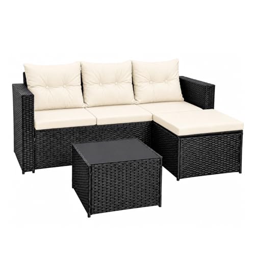 ARATERVIO Polyrattan Gartenmöbel-Set Lounge für 34 Personen Ecksofa Sitzgruppe mit Tisch & Hocker wetterfeste Gartenmöbel-Sets für Balkon Terrasse & Garten (Schwarz)