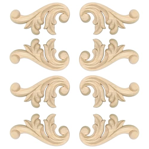 Image of 8Pcs Decorative Wood Flower Carved Appliques Corner Onlay 2.1x4.1inch DIY Unpainted Wooden Carved Corner Decal for Furniture Wardrobe Mirror Photo Frame Closet Decoration