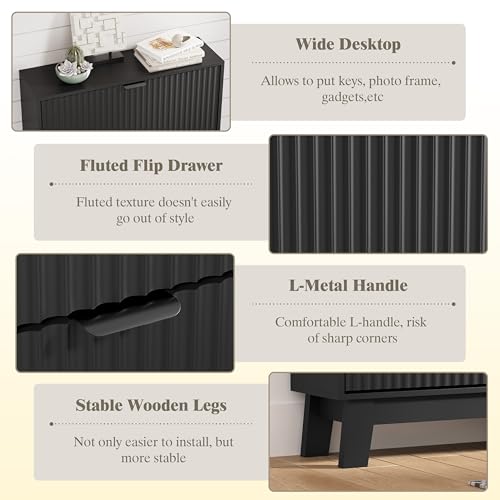 Image of Shoe Cabinet Storage for Entryway with 3 Flip Drawers, Fluted Narrow Shoe Organizer with Wooden Legs, Freestanding Slim Shoe Storage Hidden Shoe Rack Organizer for Front Door Entrance, Hallway, Black