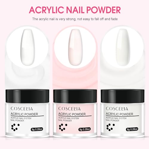 Image of COSCELIA Acrylic Nail Kit for Beginners with Drill, 3pcs Acrylic Powders (Clear, Pink, White), Professional Nail Kit with Accessories for Salon & DIY at Home