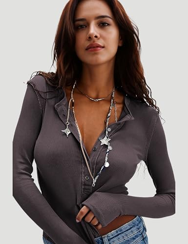 Yeokou Womens Henley Tunic Shirts Long Sleeve Slim Fit Basics Ribbed Crewneck Button up Tops2