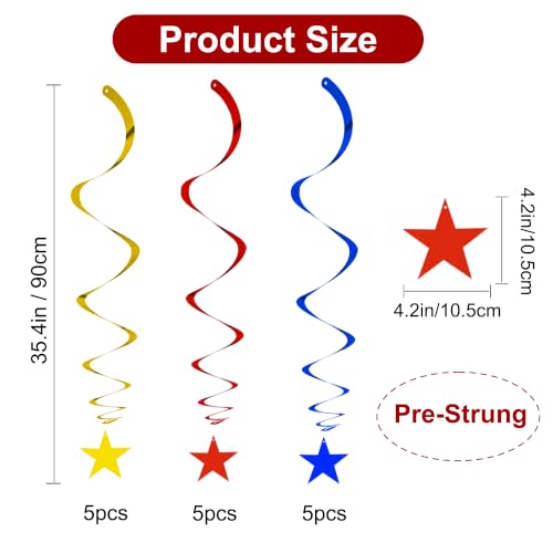 Image of BEISHIDA Red Blue Gold Star Hanging Swirl Decorations, Birthday Hanging Party Supplies for Graduation Wedding Baby Shower Birthday Decorations,Pack of 15