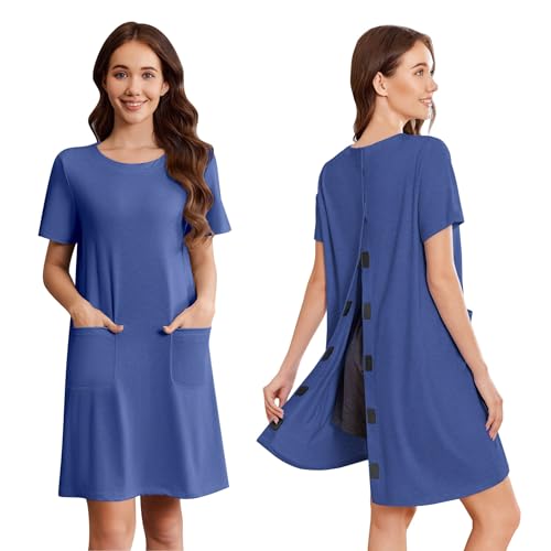 Deyeek Open Back Hospital Gowns for Women Tear Away Short Sleeve Post Surgery Soft Nightgowns for Elderly Women With Pocket