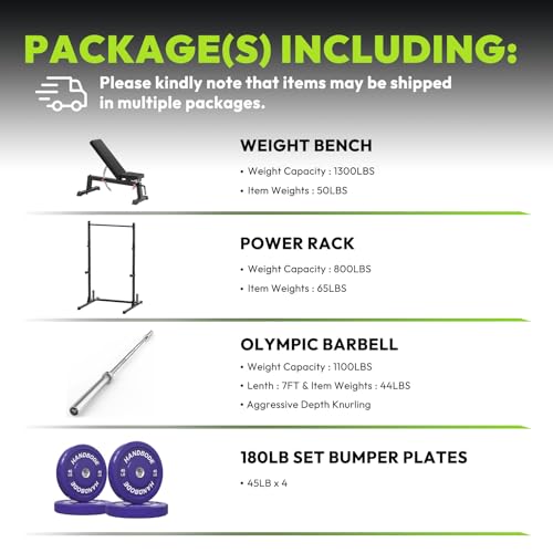 Image of HANDBODE Squat Rack, 7ft Barbell, Weight Bench, Weight Plates Set 180 lb, Home Gym Equipment, Silver