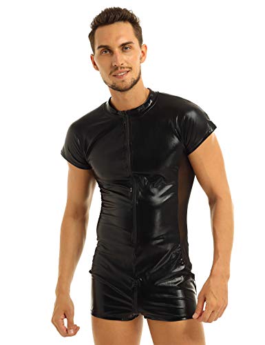 Freebily Men's One Piece Faux Leather Mesh Side Front Zipper Wrestling Singlet Leotard Bodysuit Catsuit Black Medium