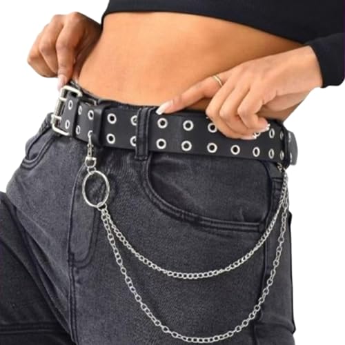 Women’s Punk Belt,Women Grommet Leather Belt with Double Detachable Chains, Punk Rocker Waist Chains, Fashionable PU Leather Bondage Belt for Women
