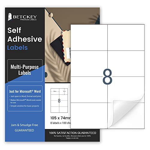 100 Hojas de Pegatinas A4, 8 Etiquetas con Esquina Cuadrada por Hoja, Etiquetas Autoadhesivas para Impresoras Inyección de Tinta & Láser, 105mm x 74mm