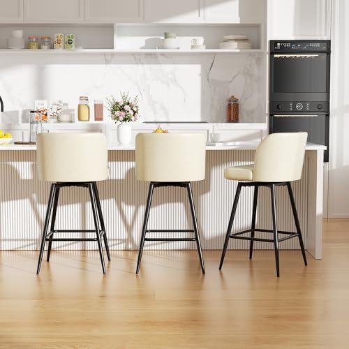 Image of Swivel Bar Stools Set of 3, 26 inch Counter Height Bar Stools with High Back and Metal Legs, Faux Leather Bar Chairs, Modern Barstools for Kitchen Island, Beige