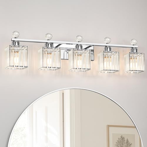 Image of Lxybcce Bathroom Vanity Lights Over Mirror - Easy Installation with Clear Guide, 5-Light Shadow-Free Design, Chrome Crystal Finish - for Modern Home Bathroom Lighting Fixtures in DIY Projects