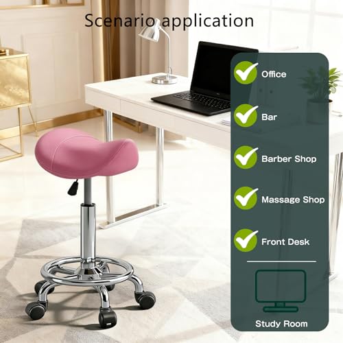 Image of Saddle Stool Adjustable Height Ergonomic Swivel Chair | PU Leather Saddle Seat without Back and Ring Pedal for Salon, Spa, Medical, Massage & Drafting Use Pink