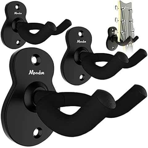 Guitar Wall Mount Hanger 4-Pack, Moodve Metal Guitar Hanger, Guitar-Shaped Guitar Wall Hanger, Black Guitar Holder Stand for Bass Electric Acoustic Guitar Ukulele (Guitar Shape) Cover