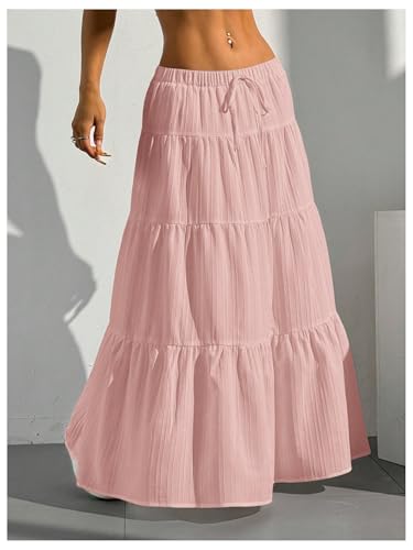 Image of Verdusa Women's Long Maxi Skirt Boho Flowy Flared Ruffle Skirts 2026 Beach Vacation Summer Going Out Outfits