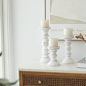 Rustic Farmhouse Wood Pillar Candle Holder Set of 3 for Candlestick White