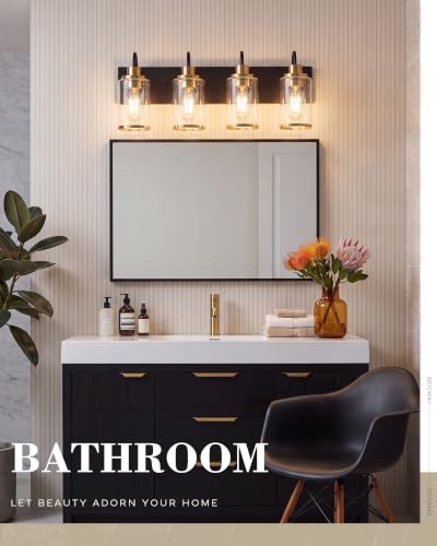Image of Beionxii 4 Light Bathroom Light Fixtures, Blac and Gold Vanity Lights with Clear Glass Shades, Vanity Lights Over Mirror, Wall Sconces for Kitchen Living Room Hallway Cabinet Porch, BX-VL01BKG-4CG