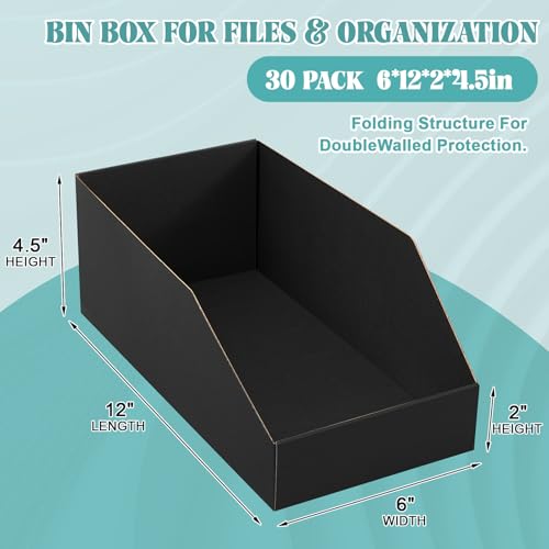 Image of Fuyoooo 30 Pack 12 x 6 x 4. 5 Inches Cardboard Storage Bins Open Top Bin Boxes Corrugated Shelf Organizer Bins for Pantry, Parts, Garage, Snacks, Bottles, Cans or Warehouse Home Cubby, Black
